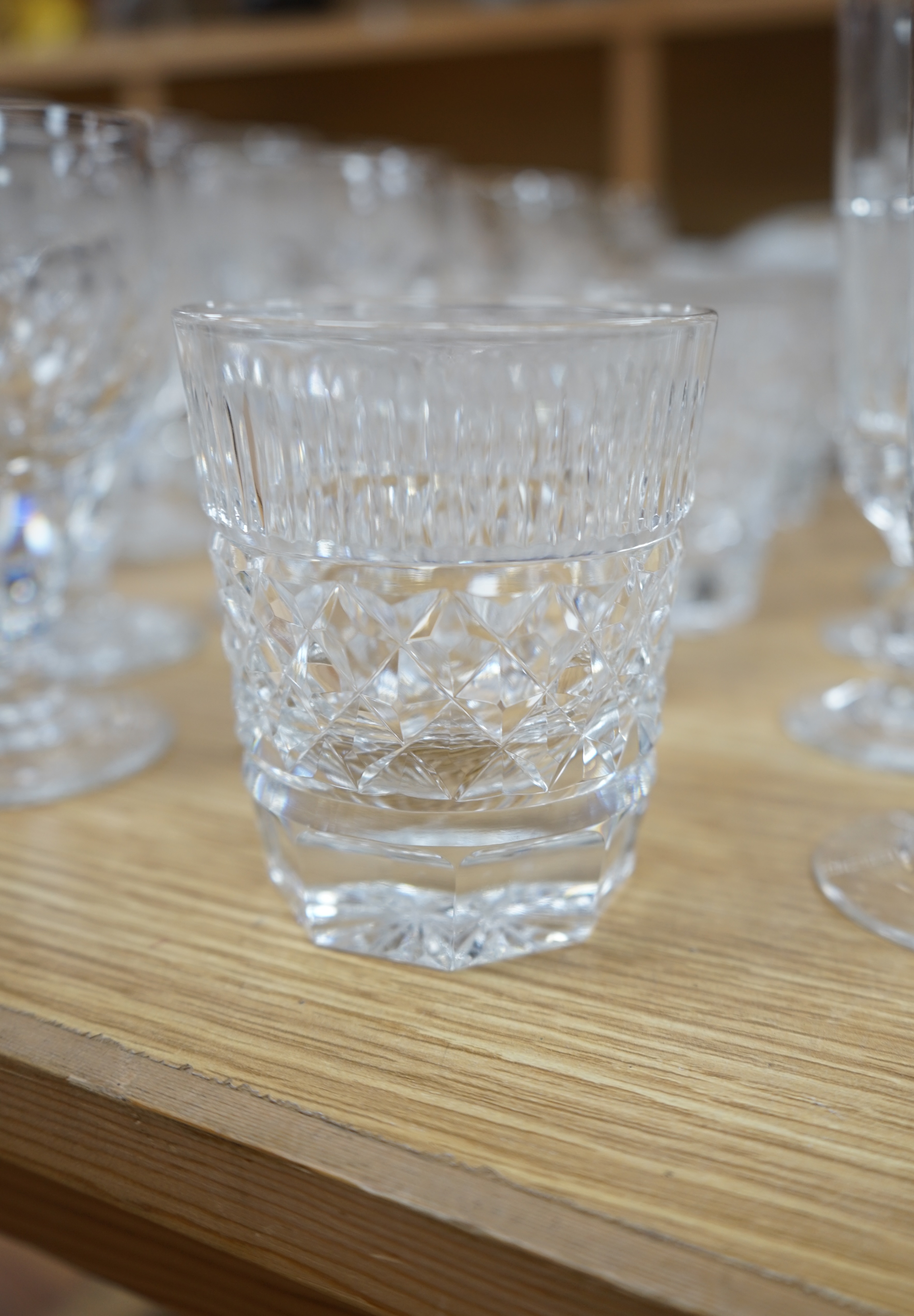 A collection of drinking glasses, including wine glasses, tumblers, champagne flutes, etc. Condition - good.